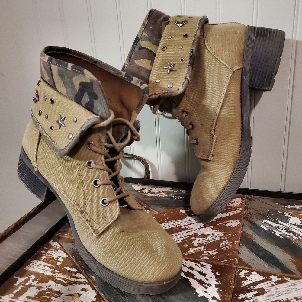 Army Green Canvas Combat Boots Y2k Cadet Kelly  Vibes Embellished Fold over